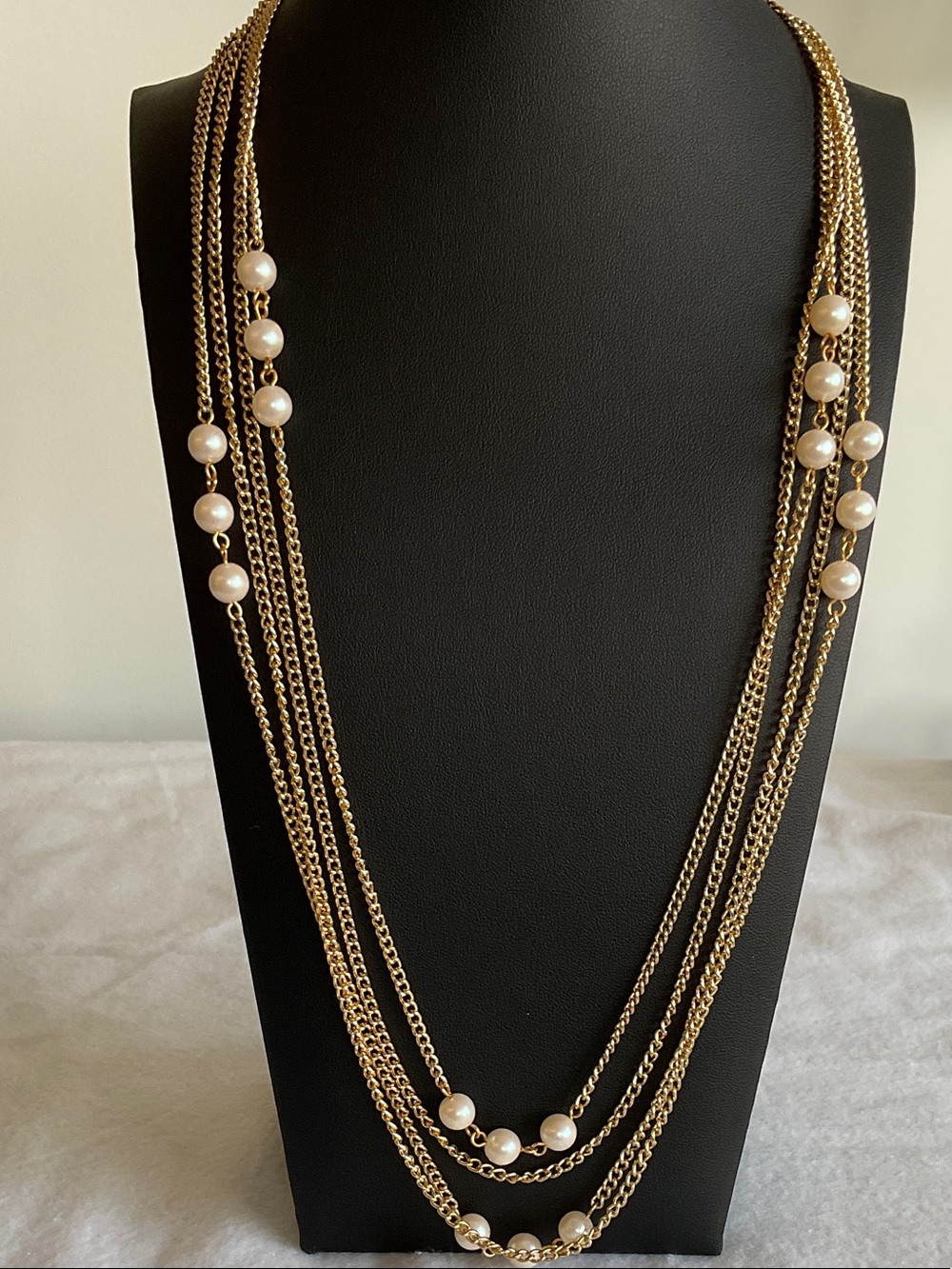 Gold Multi-Strand Faux Pearl Long Necklace